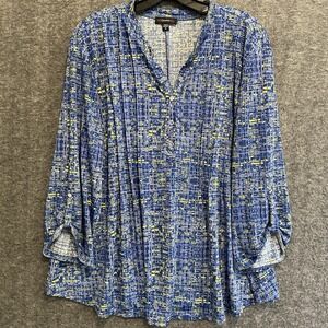 Cocomo Top Womens 1X Blue Artsy Abstract Pintuck Stretch Flowy‎ Popover Office